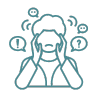Teal outline icon of a person with their head in their heads and various speech bubbles around indicating overwhelm