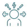 Teal outline icon of a person with puffs coming out of their ears and a question mark, lightening bolt, and exclamation point above their heads